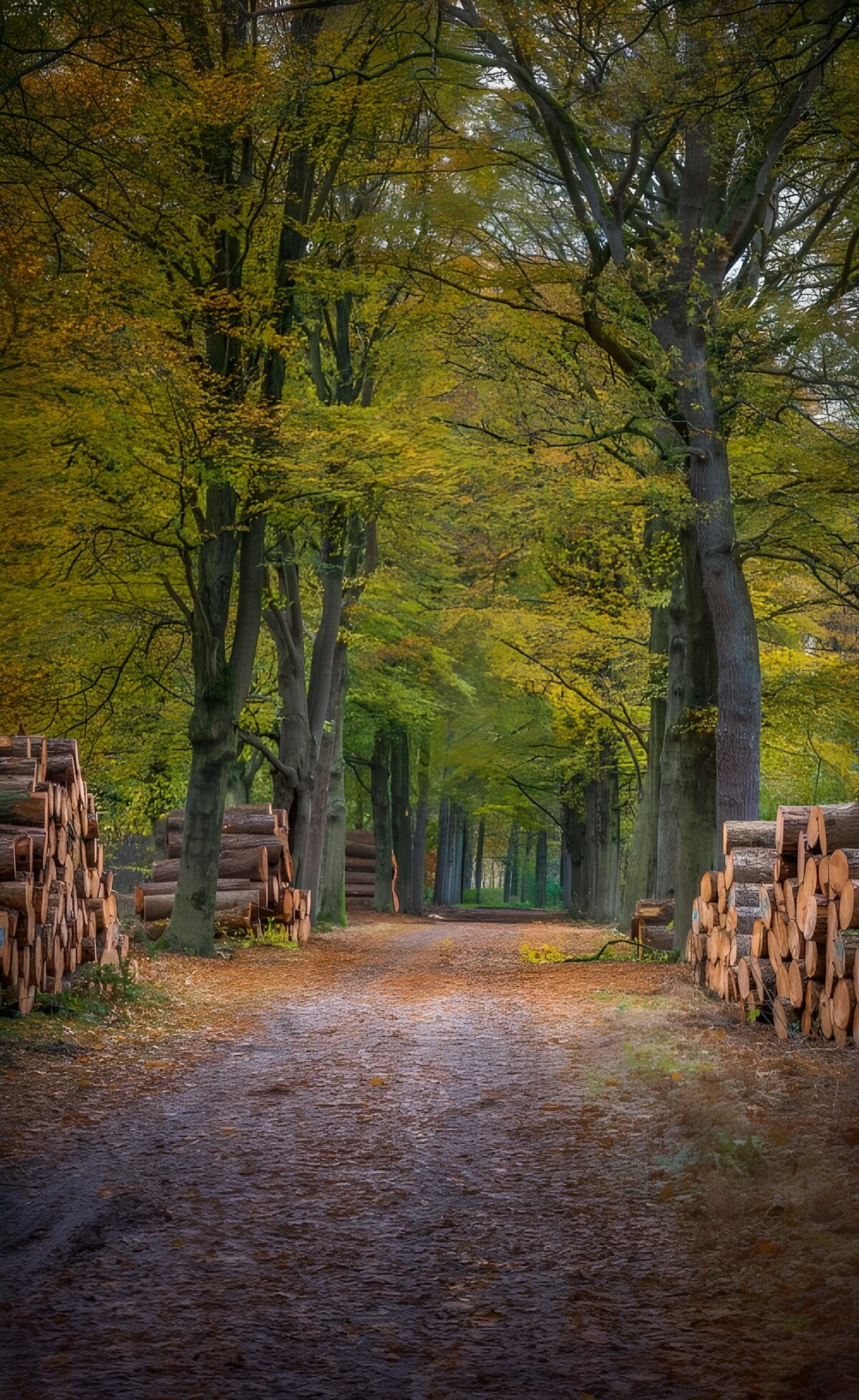 A quiet autumn lane lined with logs