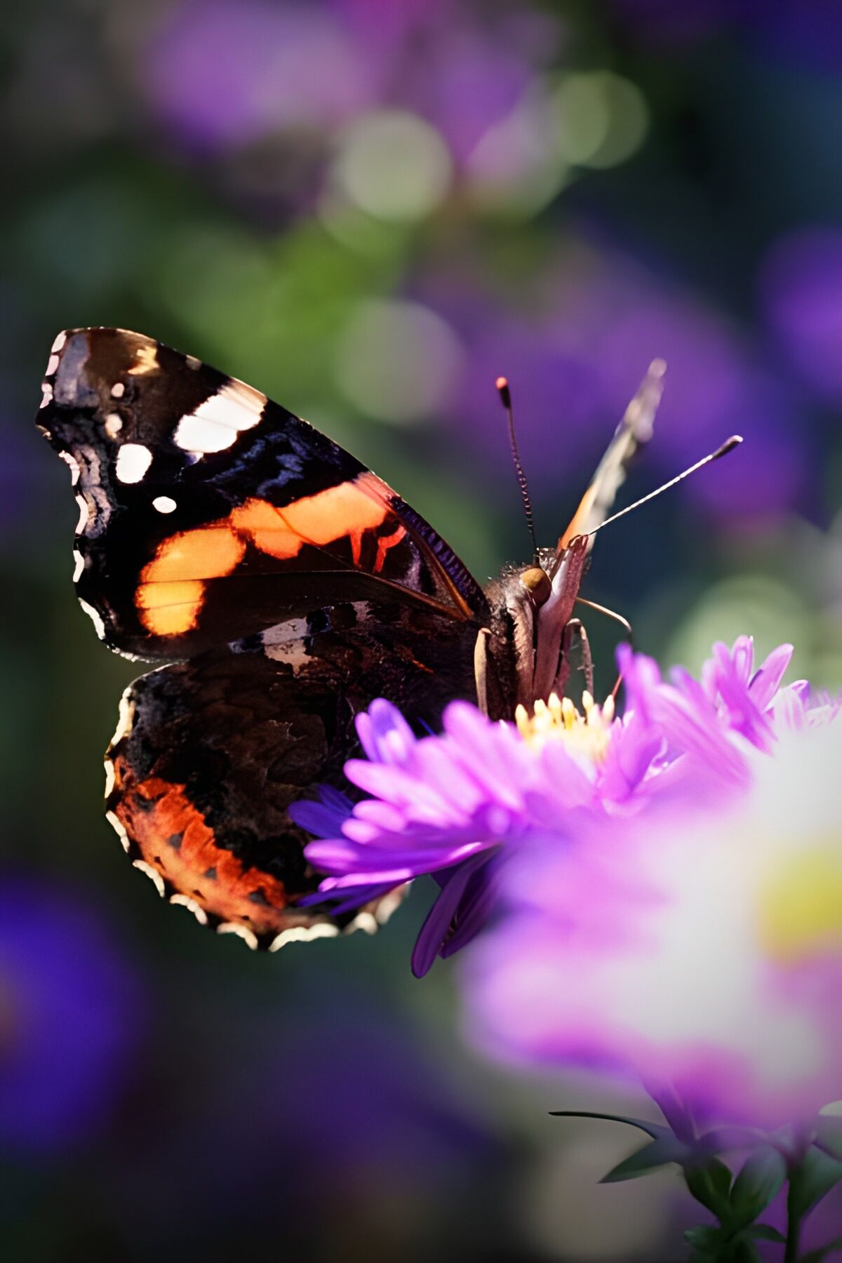 Red admiral on a sunlit purple flower