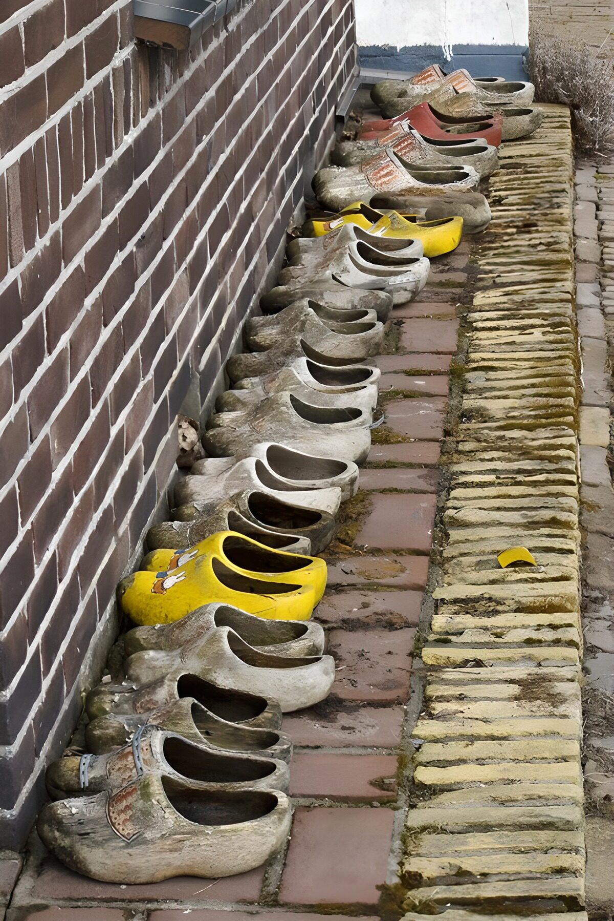 Weathered wooden clogs in a row