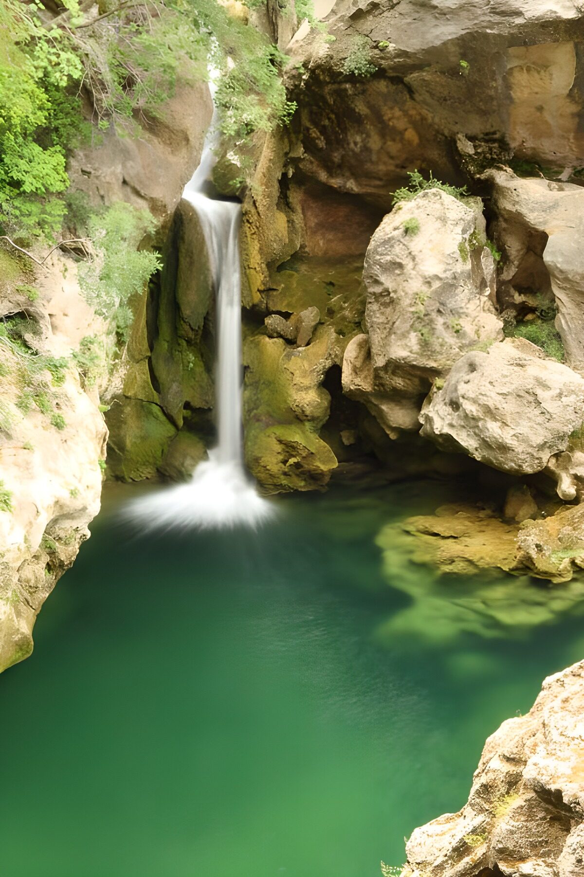Waterfall into a secluded green pool