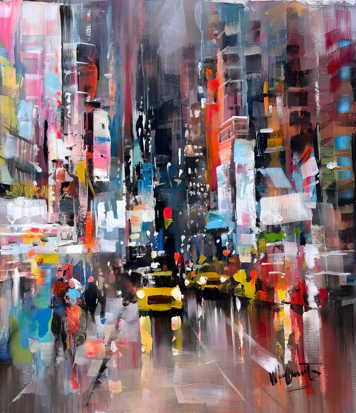 Colourful city street with yellow cars