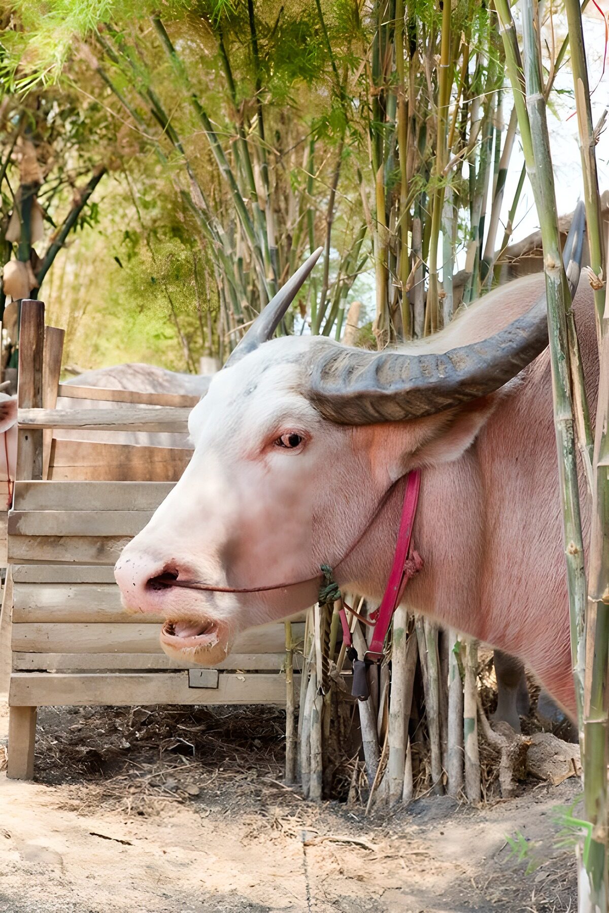 Pale water buffalo in warm bamboo light