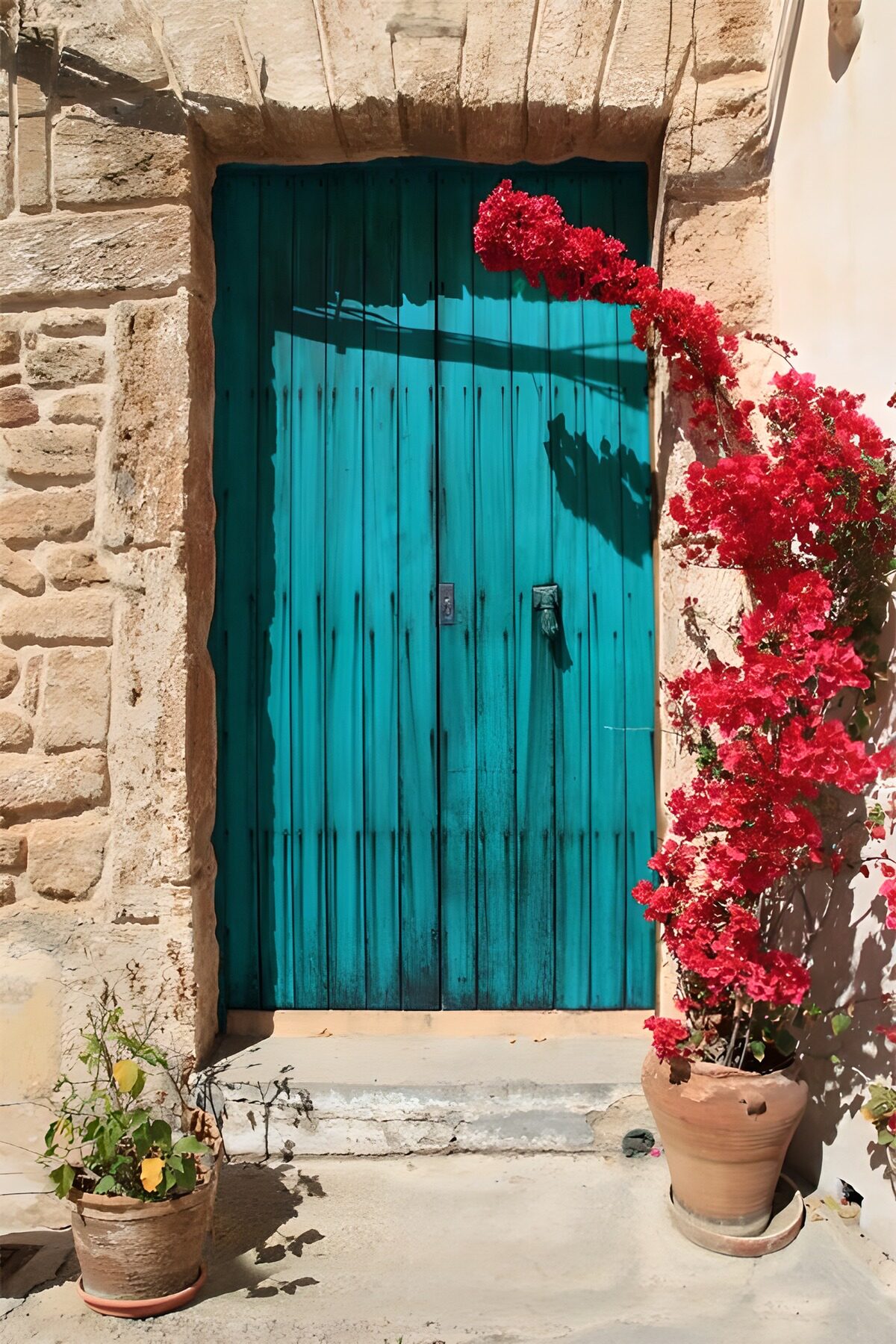 Turquoise door and sunlit bougainvillea