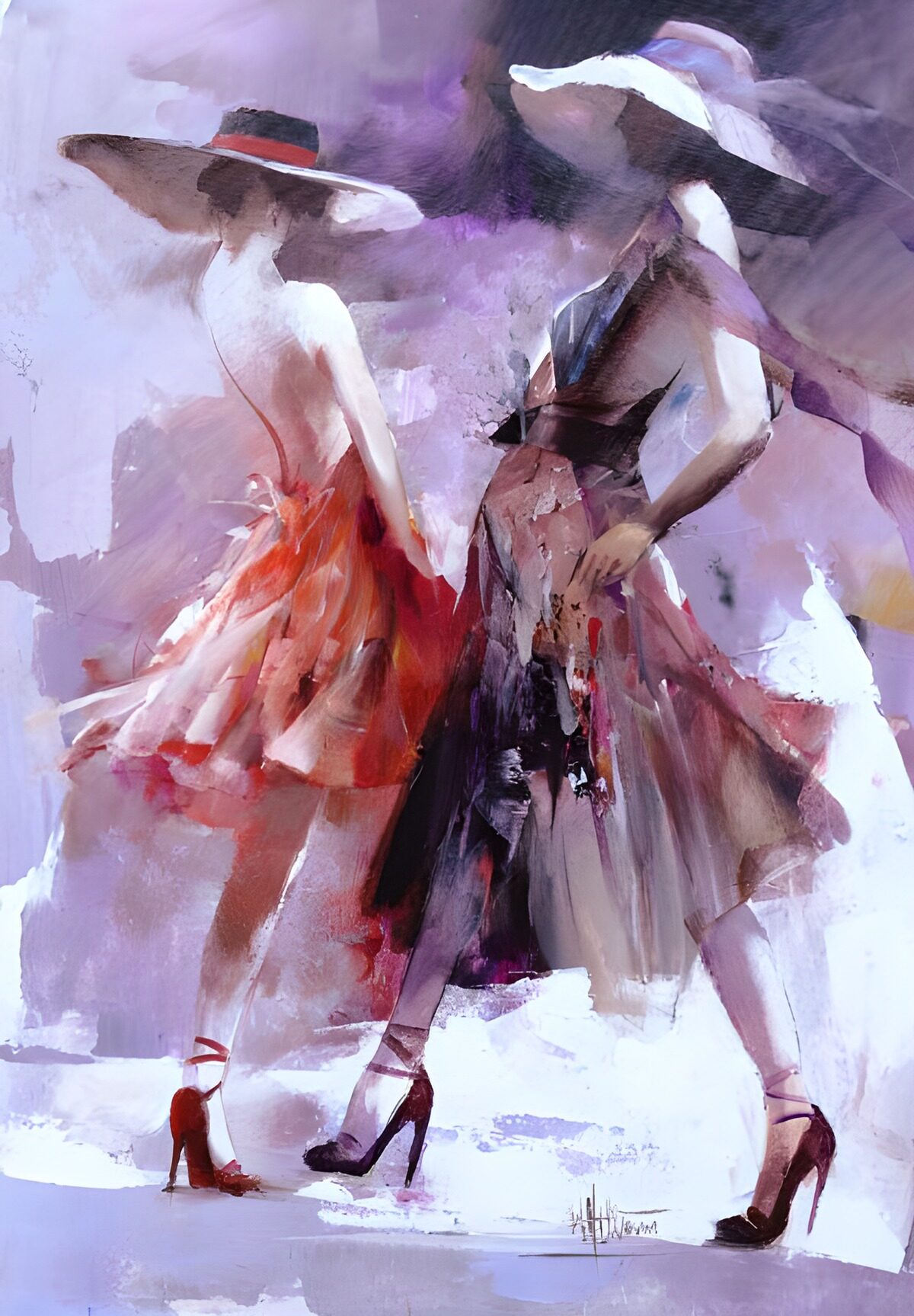 Two women in hats and flared dresses