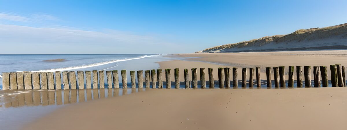 Wooden breakwaters on a quiet beach