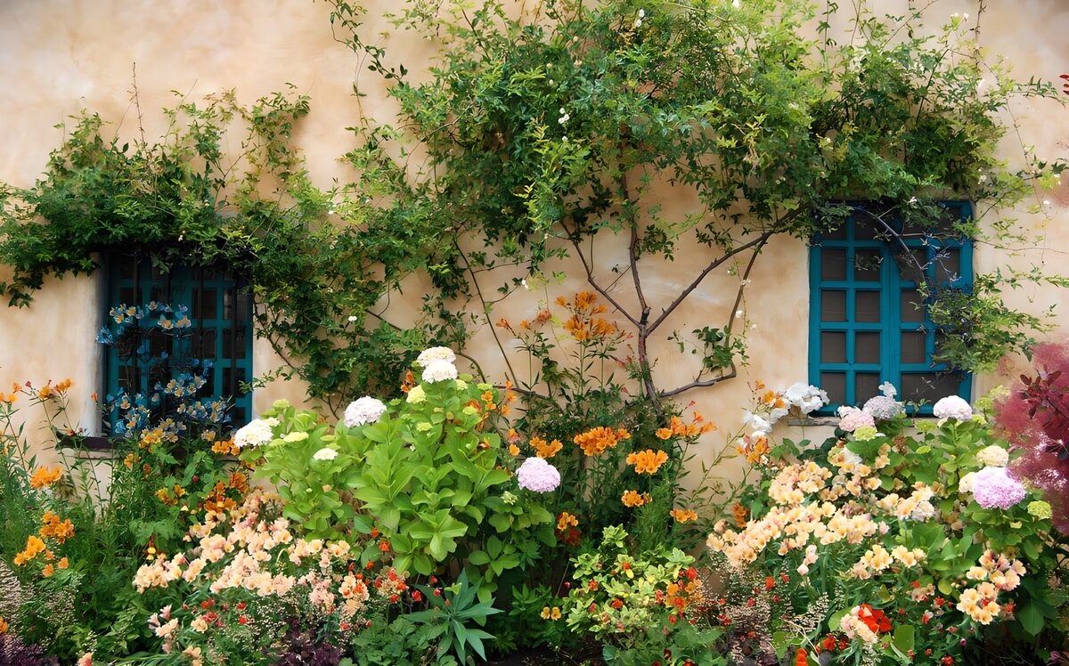 Blue windows and a garden in full bloom
