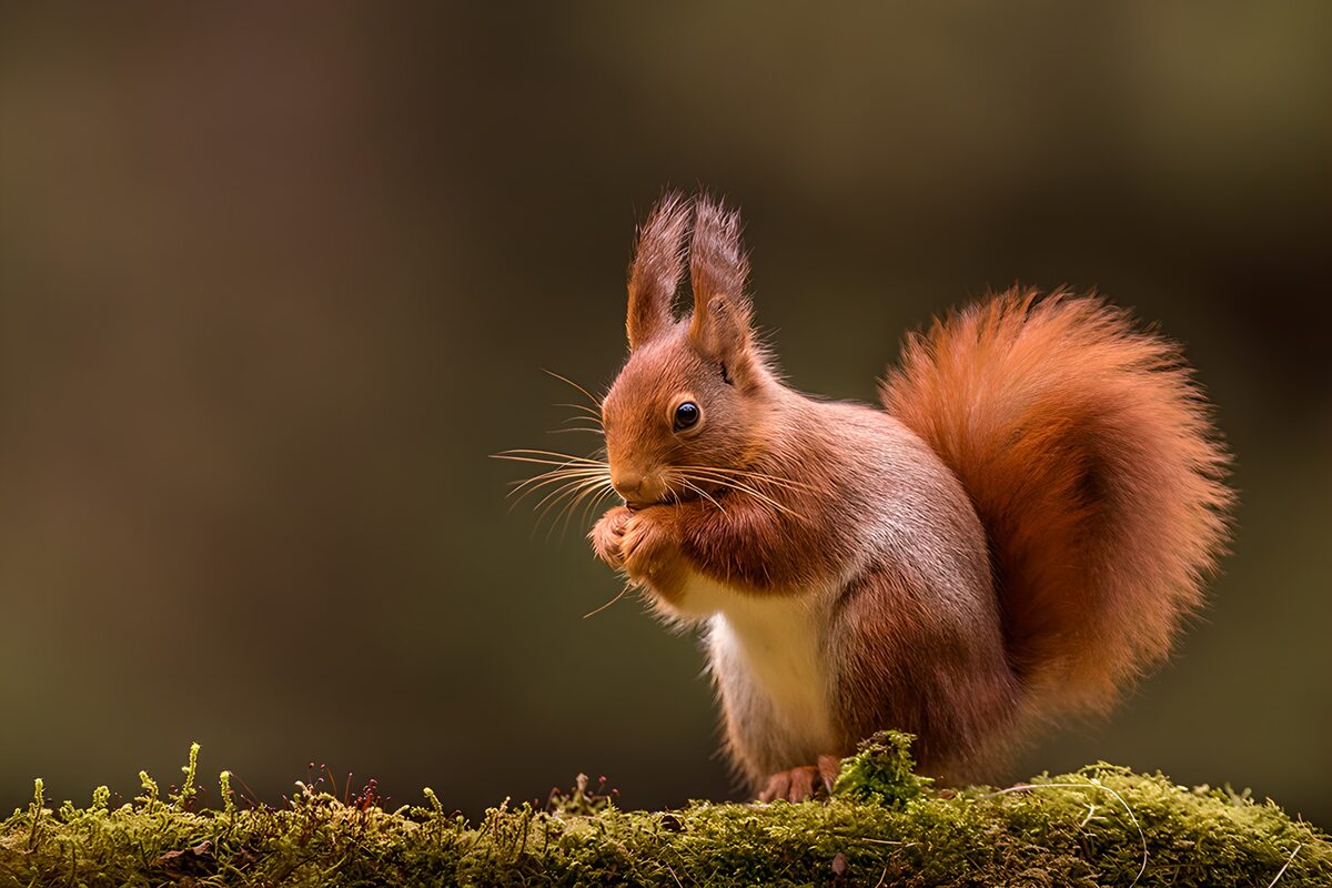 Red squirrel on a soft bed of moss