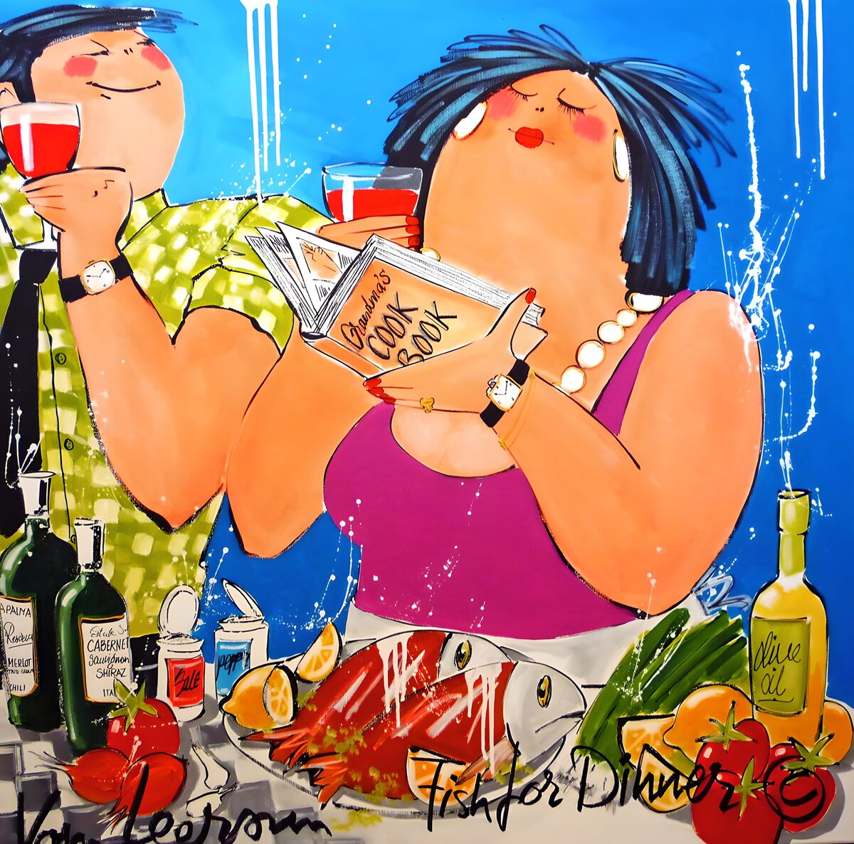 A cheerful couple with red wine and fish