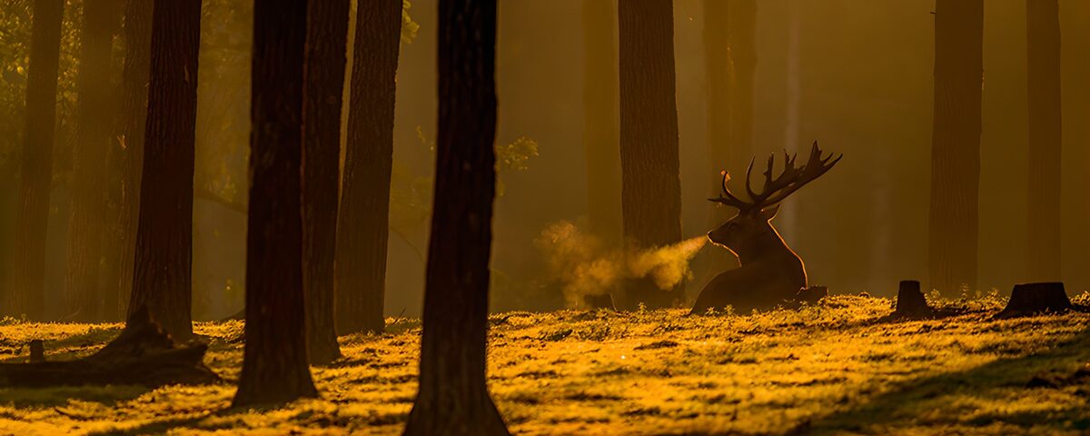 Stag resting in a sunlit forest