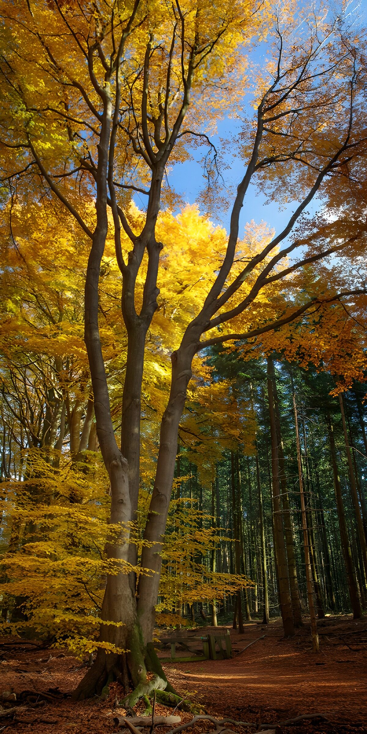 Grey trunks beneath golden autumn leaves