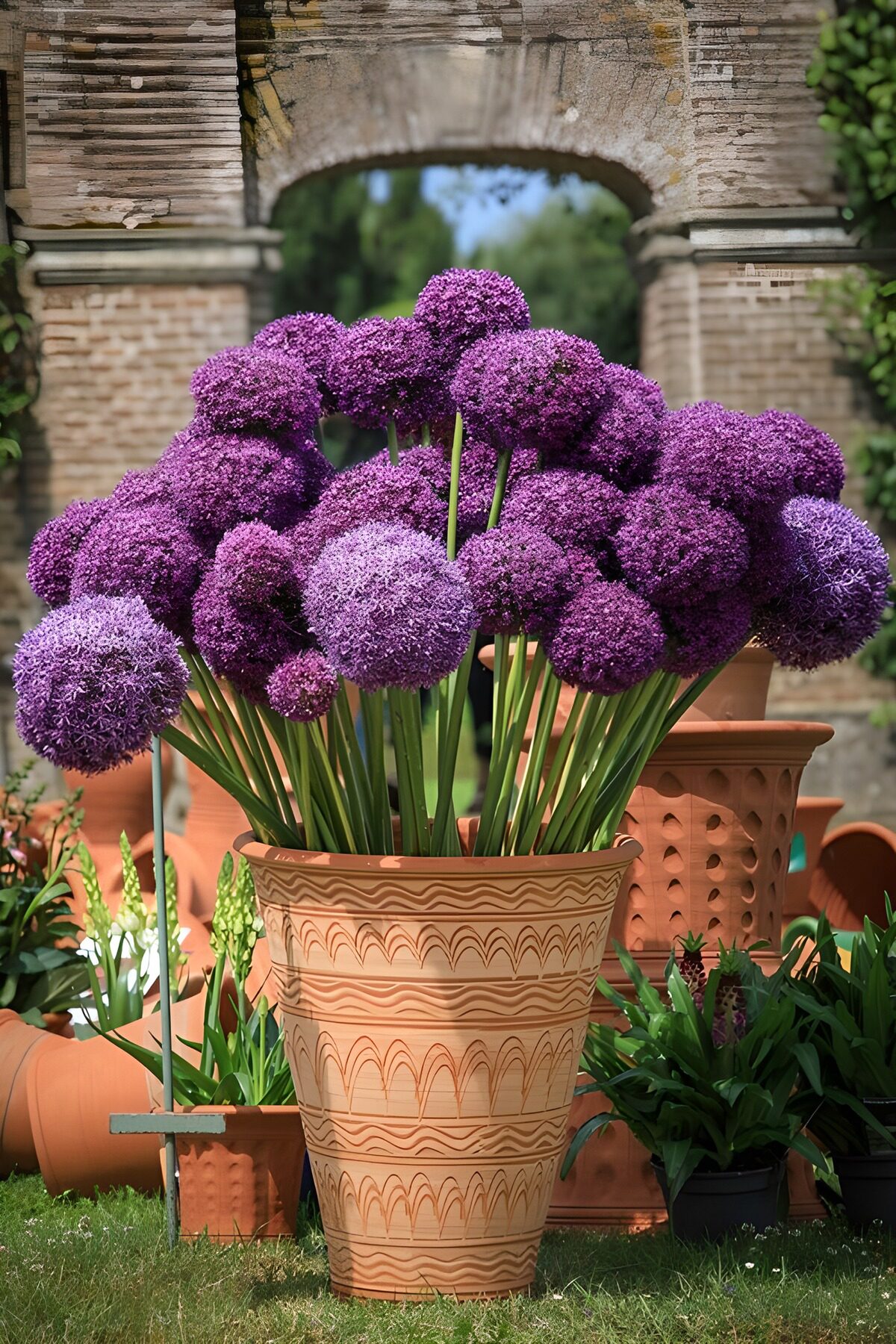 Purple alliums in sunlit terracotta
