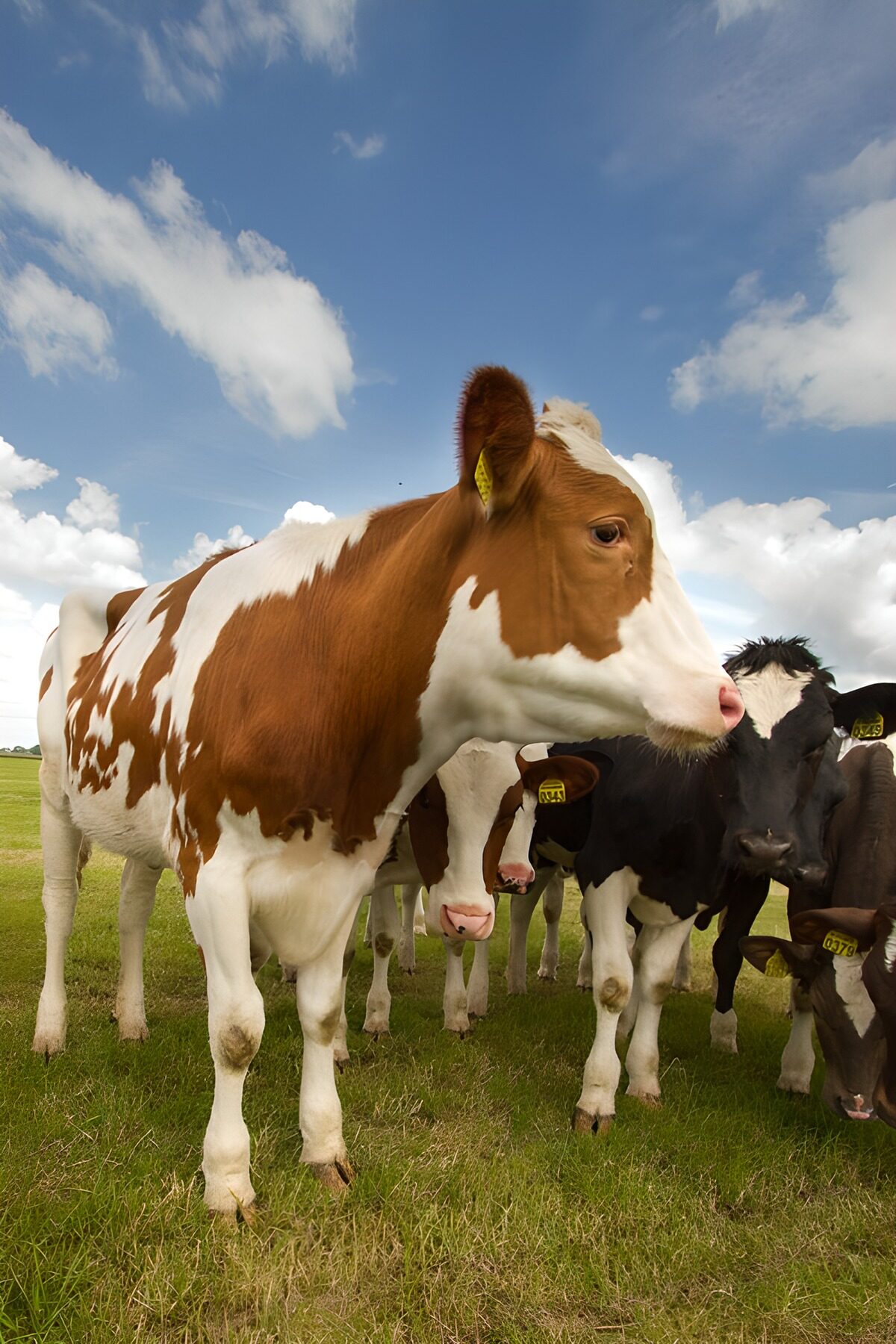Brown and white cow with the herd
