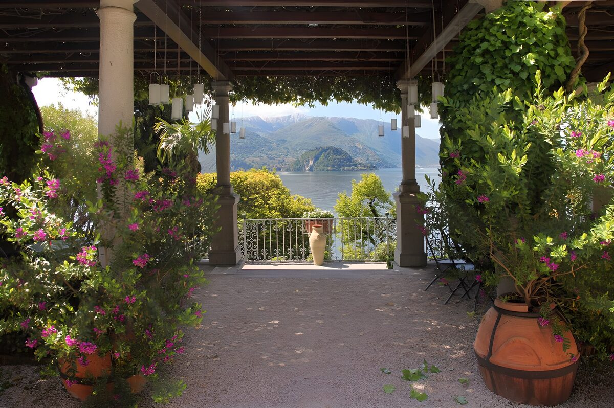 Shaded terrace with lake and mountain views