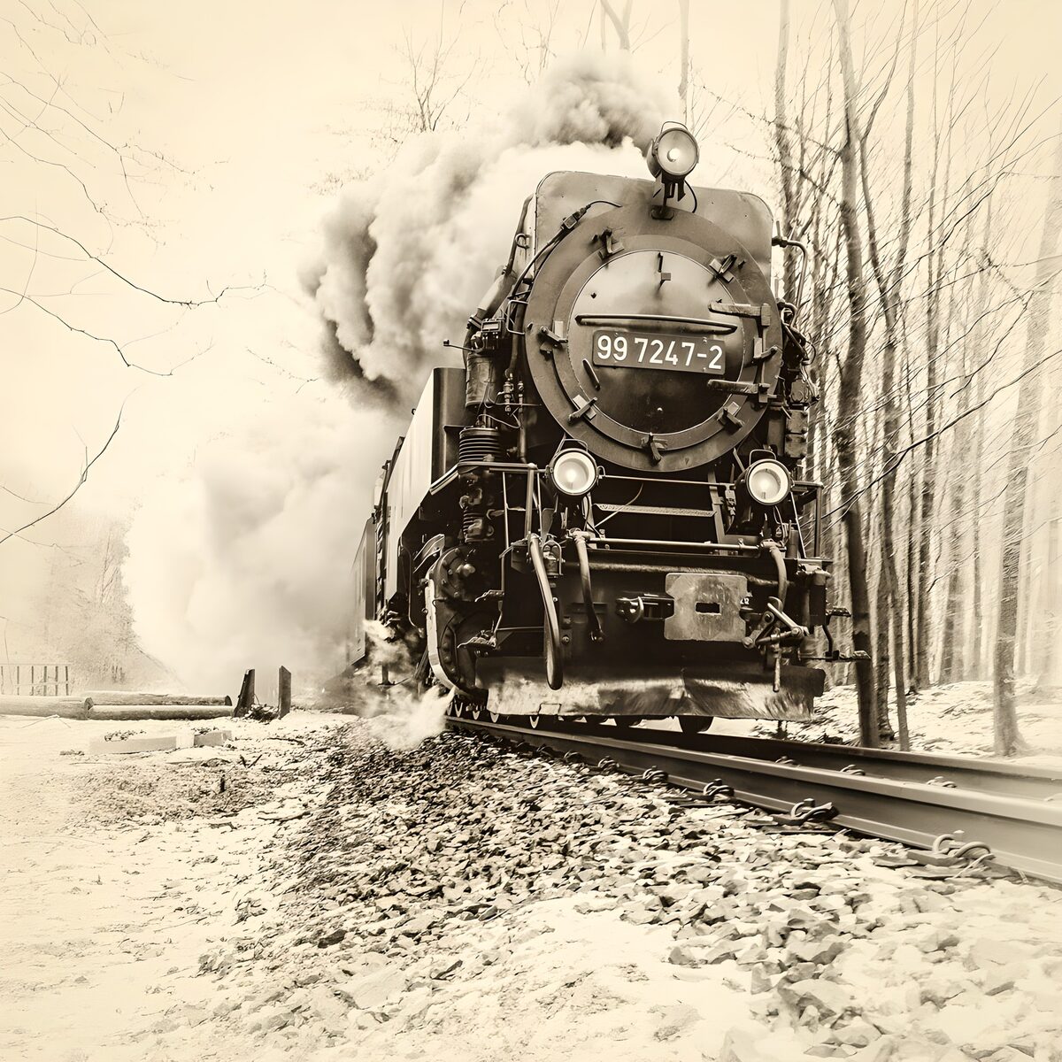 Steam locomotive in a sepia winter