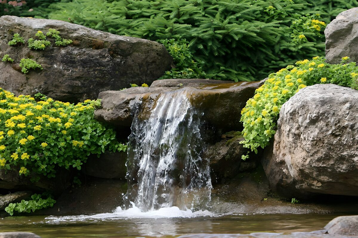 Garden waterfall with bright yellow flowers
