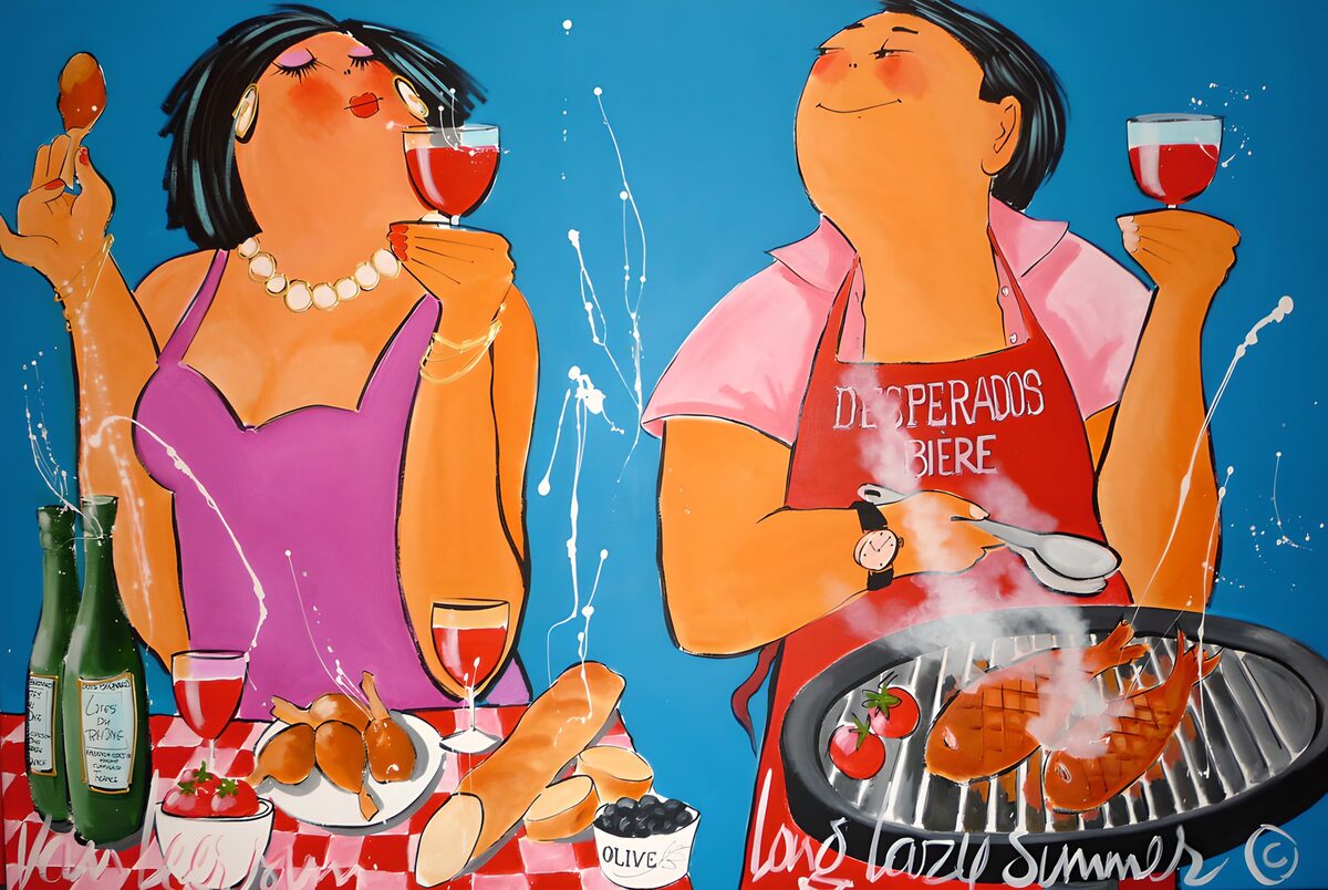 A couple sharing wine by the barbecue