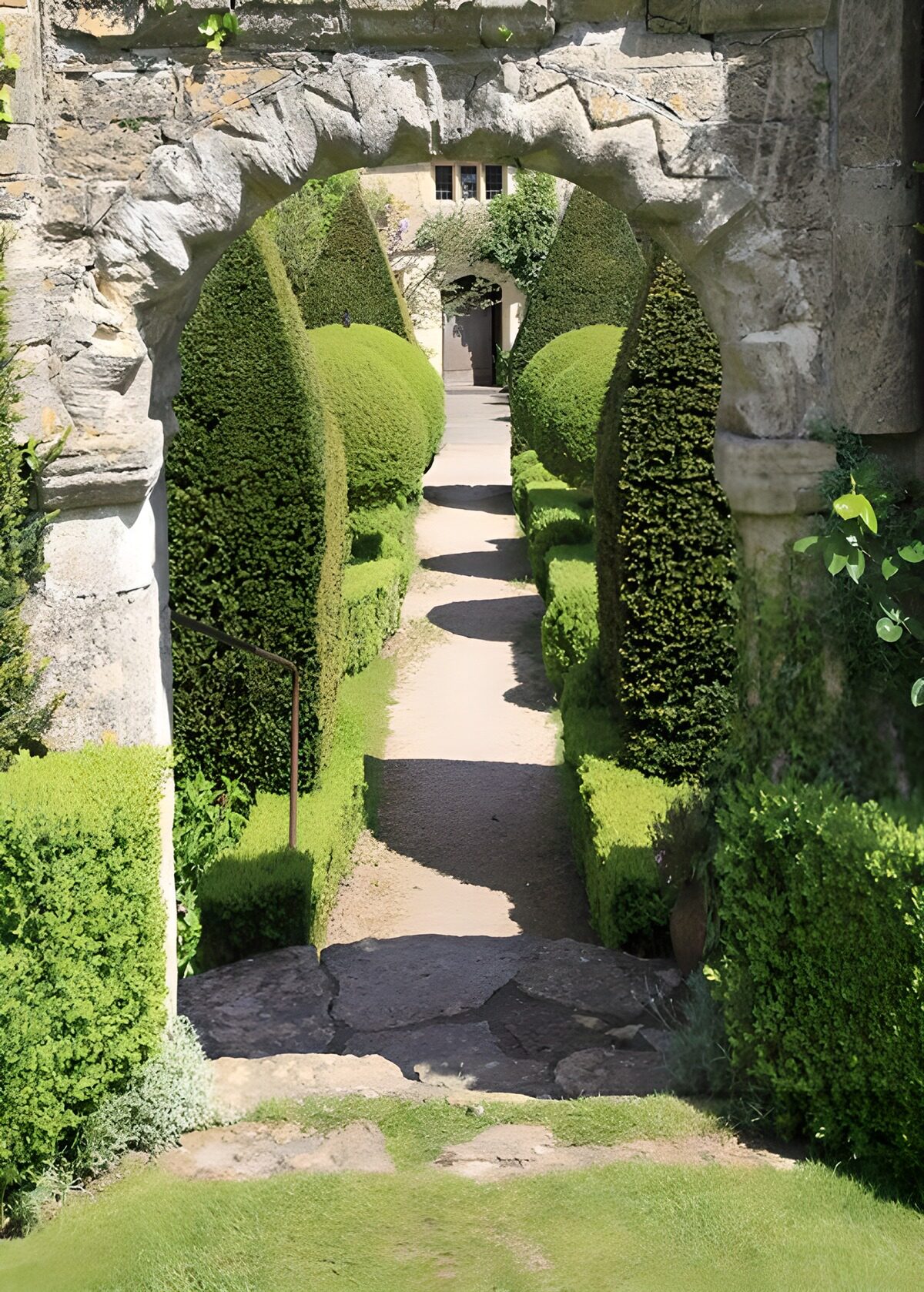 Sunlit topiary through a stone arch