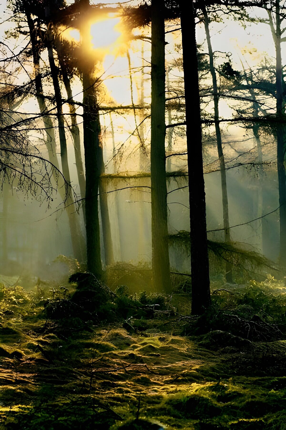 Sunlight through a misty, mossy forest