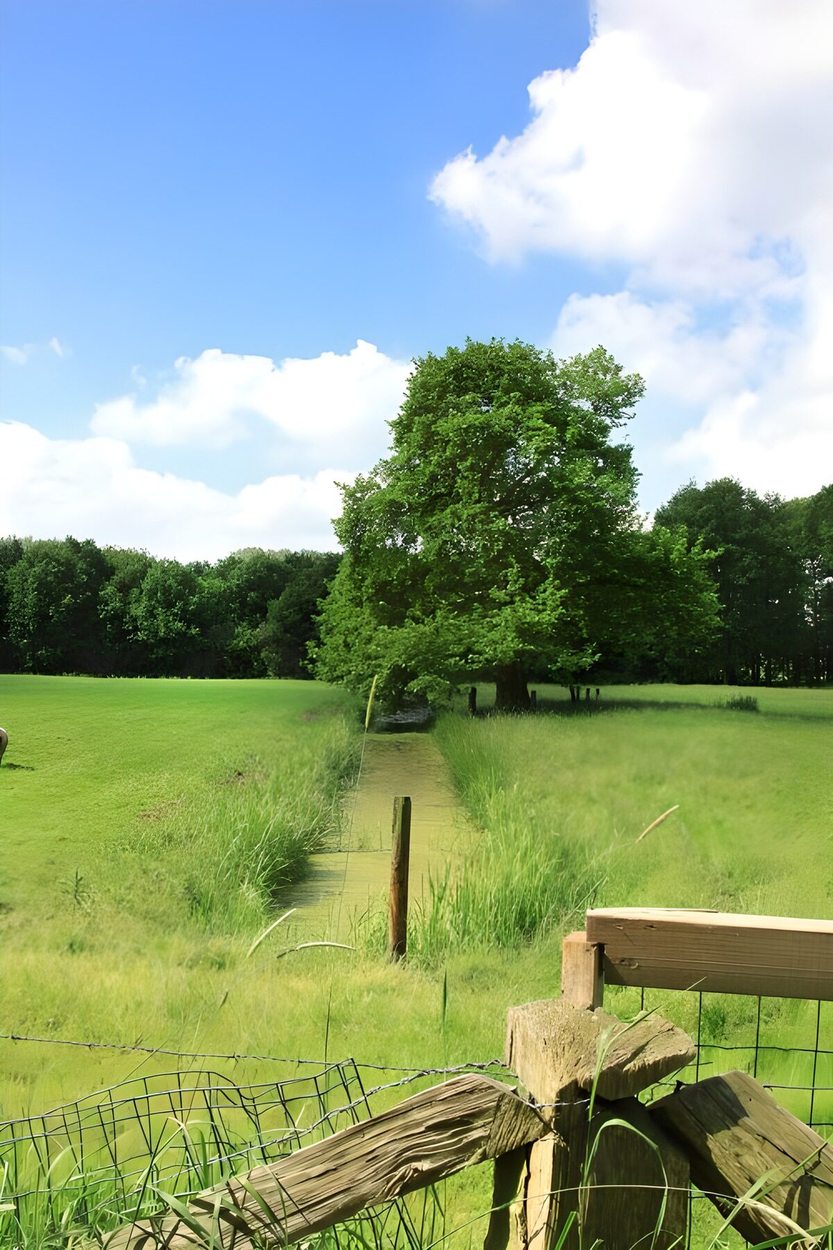 Green meadow, broad tree and white clouds