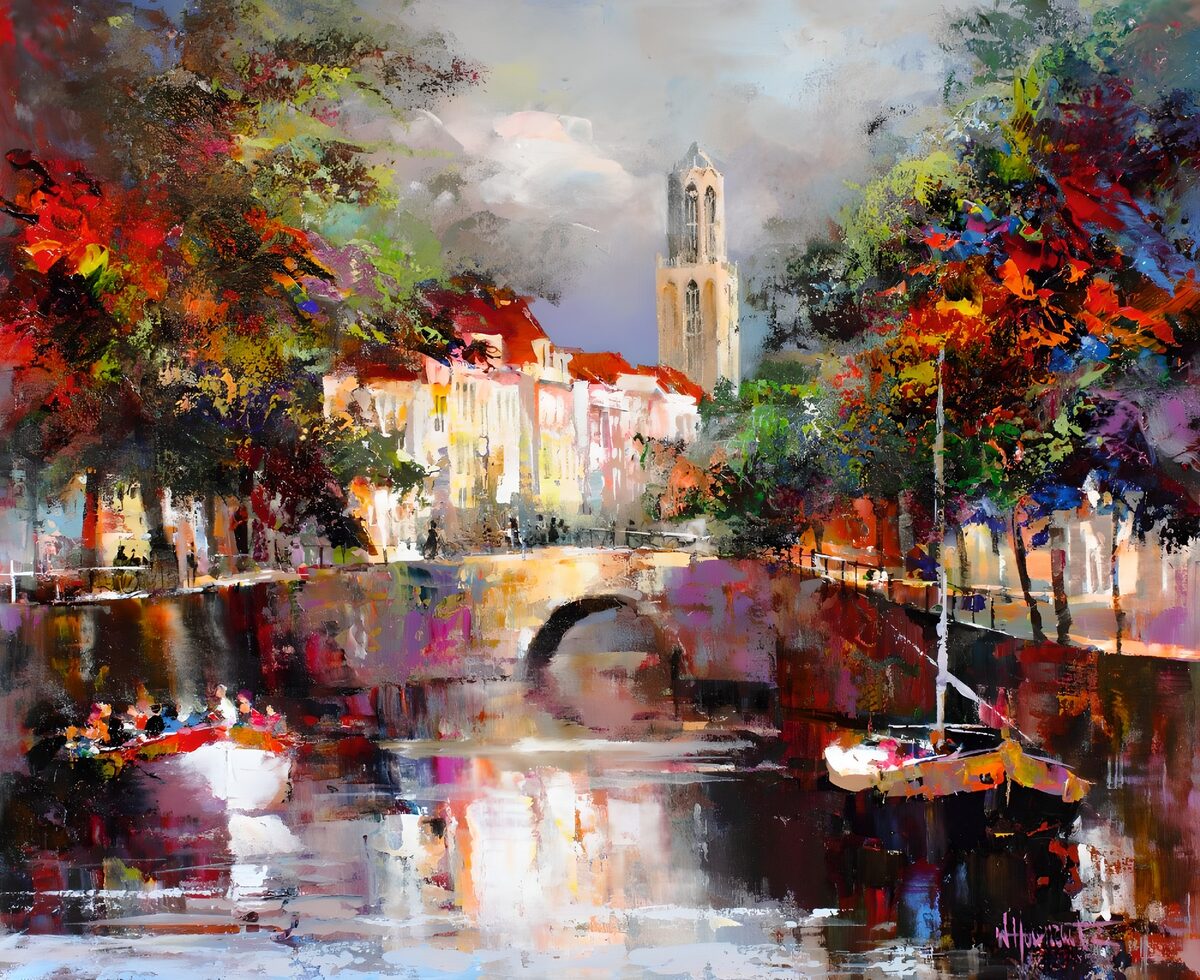 Colourful canal with boats and a bridge