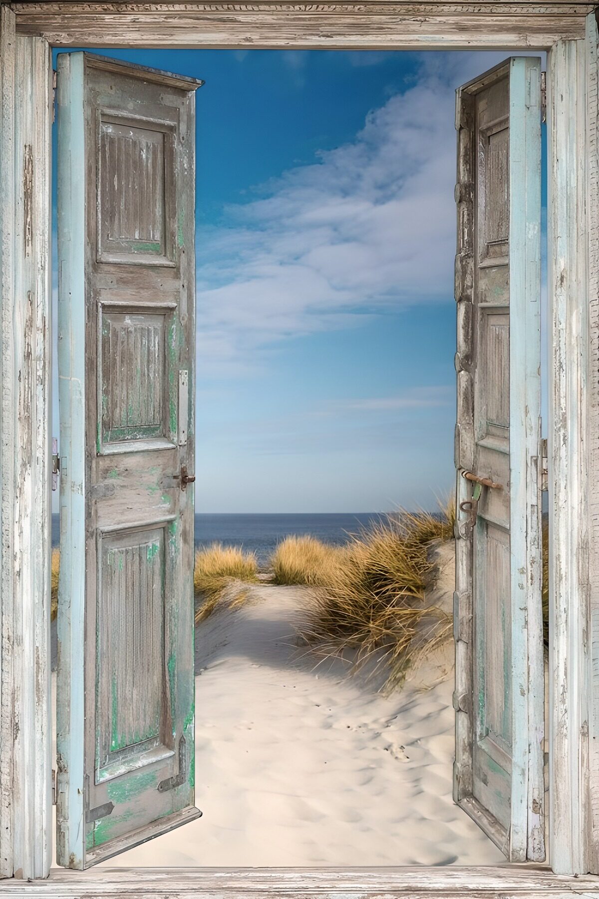 Weathered doors open to the sea