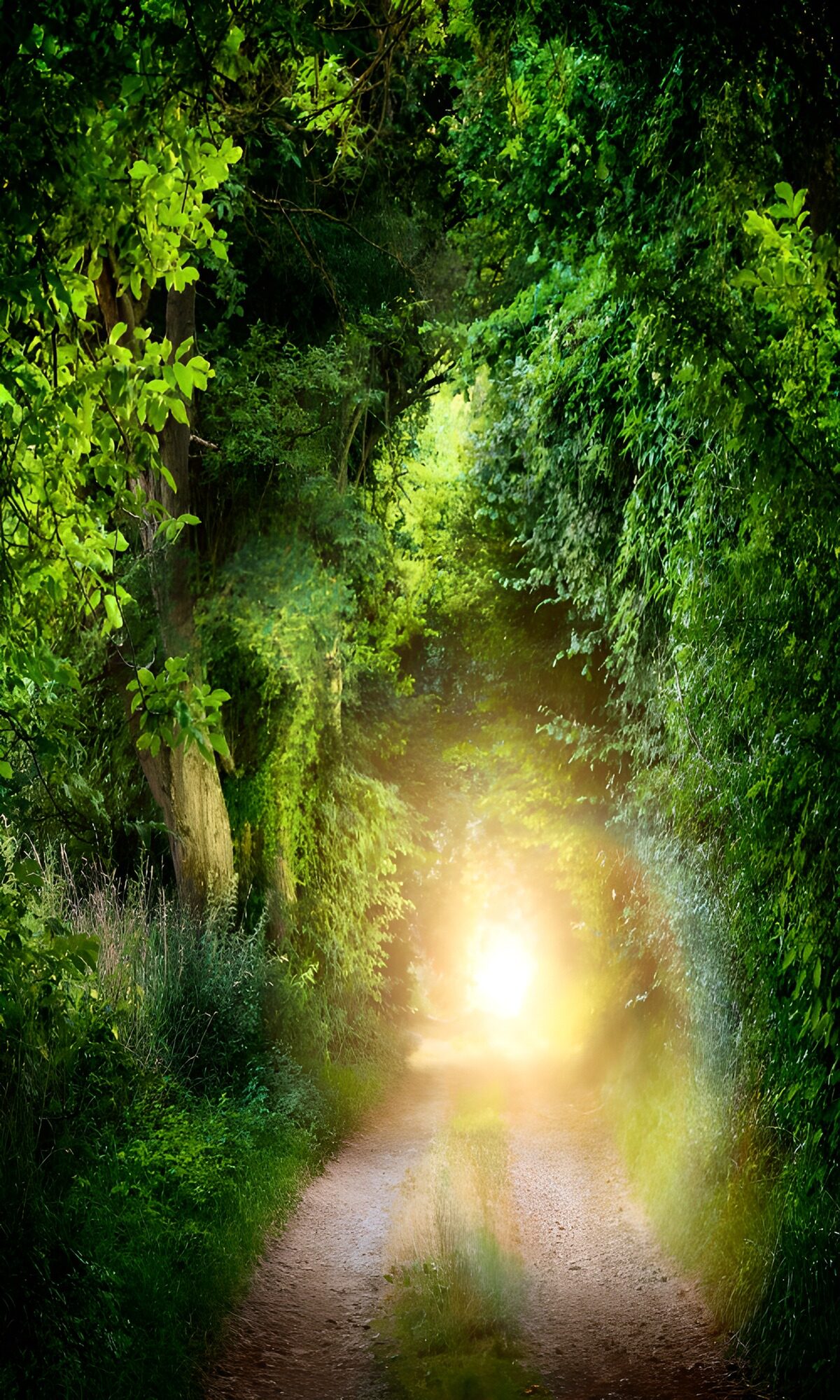 Sunlight at the end of a woodland lane