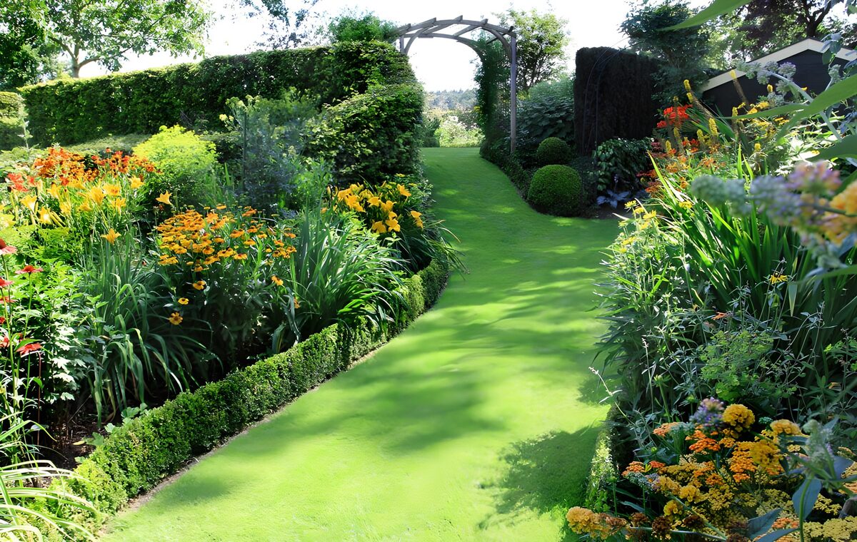 Sunlit borders along a green garden path