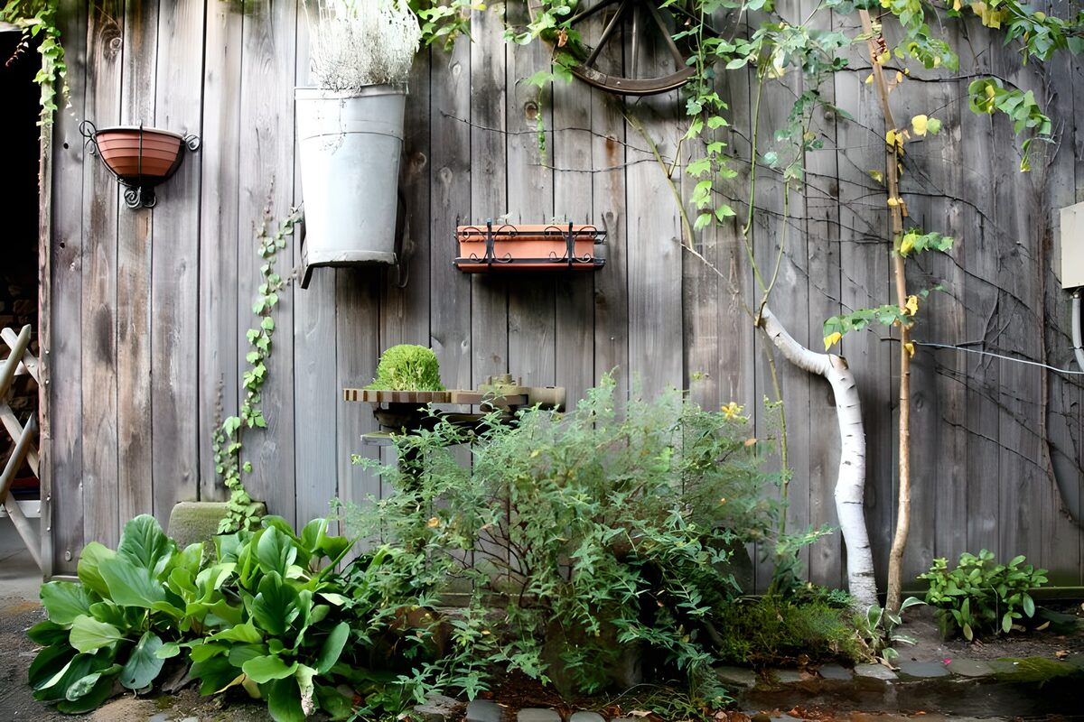 Leafy garden corner by a weathered fence