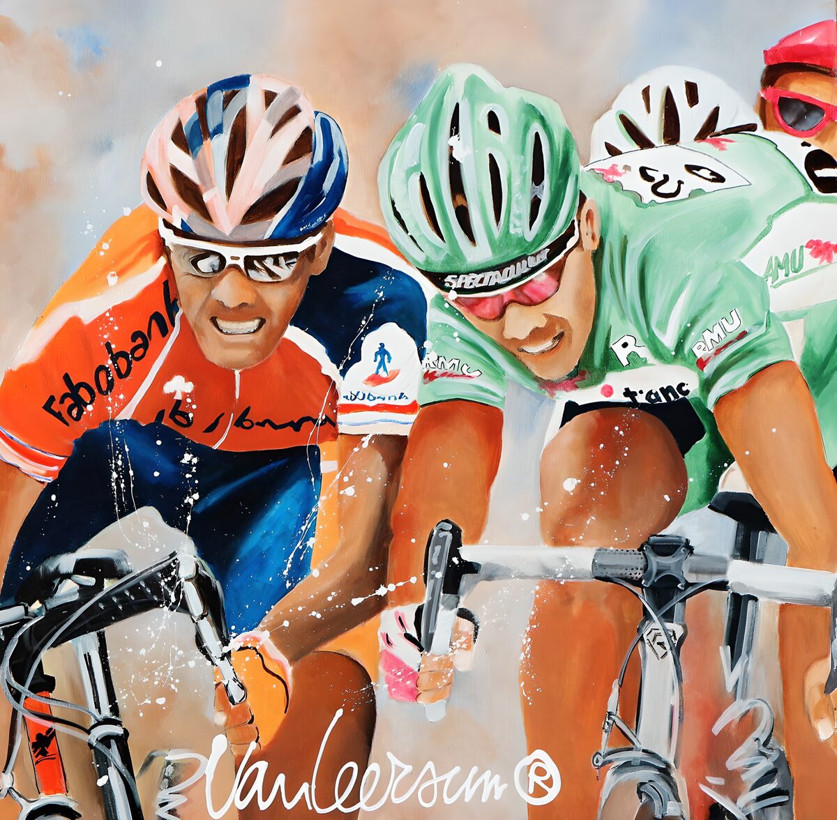 Racing cyclists, shoulder to shoulder