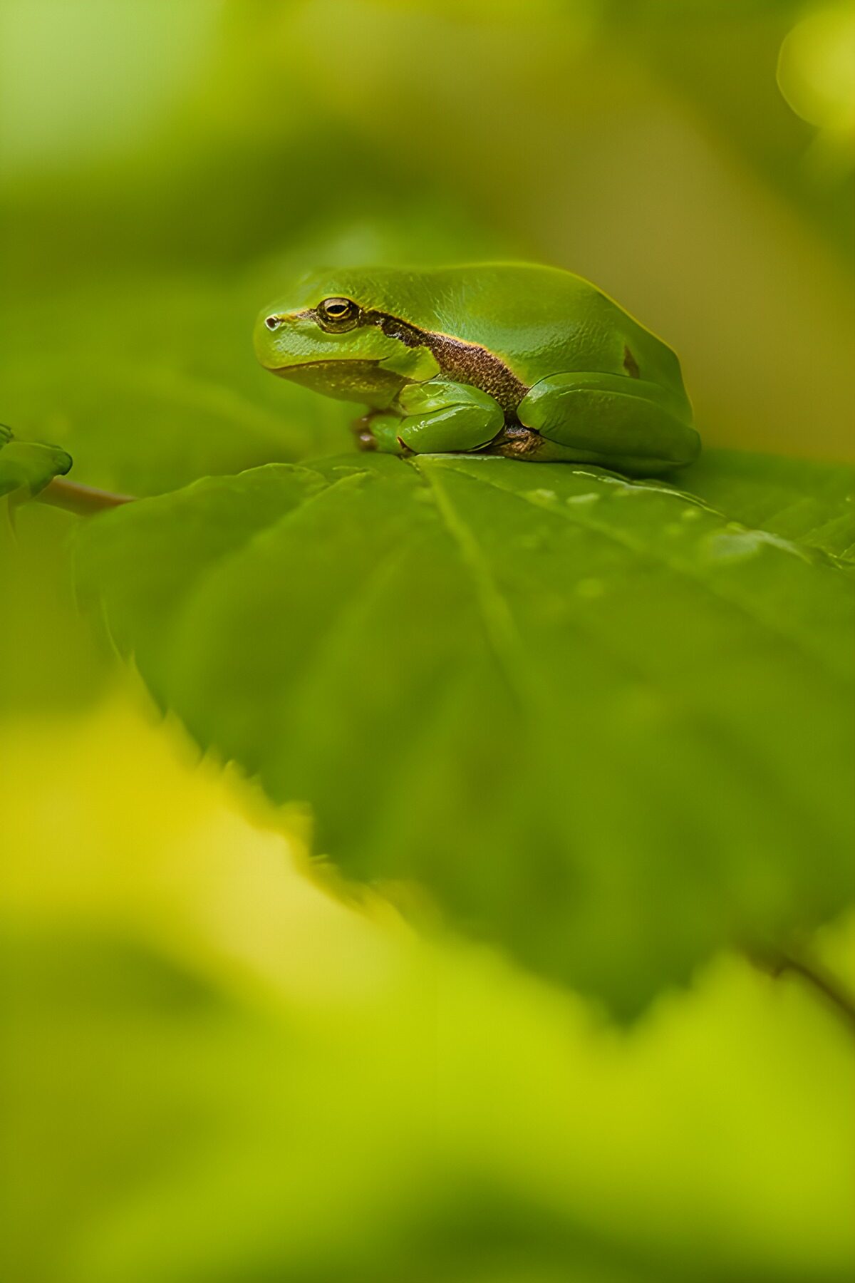 Green frog at rest on a broad leaf