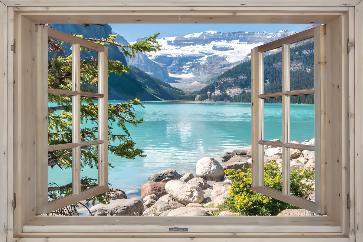 A windowful of turquoise and snowy peaks