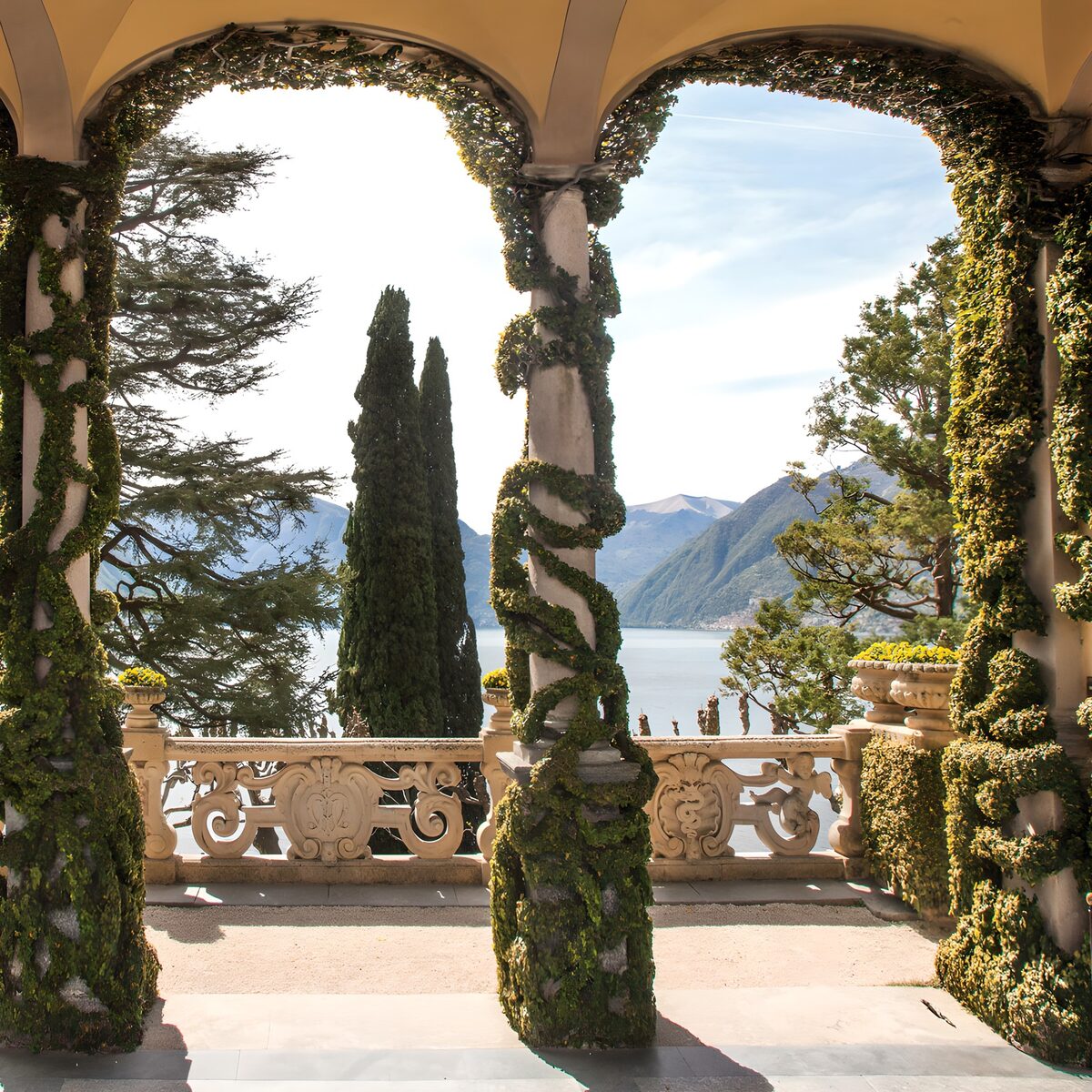 Arched terrace overlooking a mountain lake