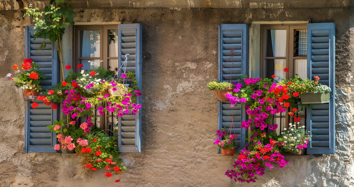 Blue shutters and colourful window boxes