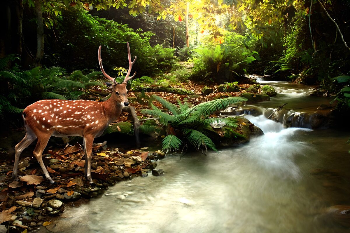 Deer beside a quiet woodland stream