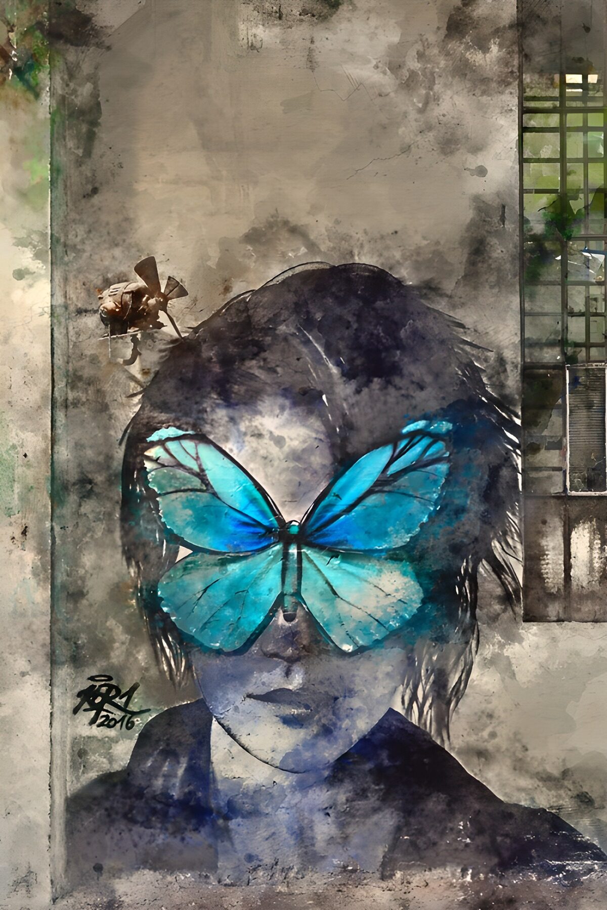 Woman and blue butterfly on a timeworn wall