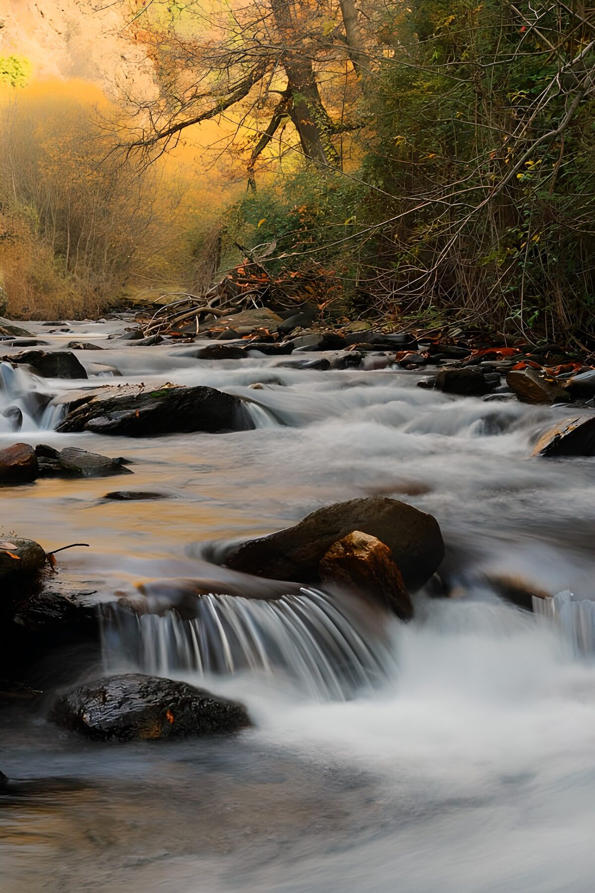 Woodland stream in soft autumn light