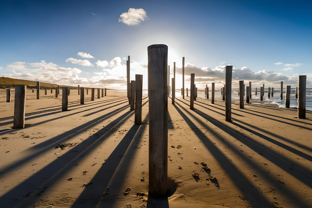 Weathered beach posts in golden light