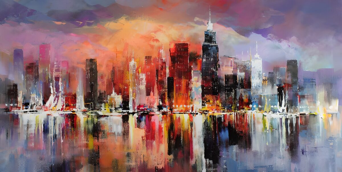 Colourful skyline reflected in water