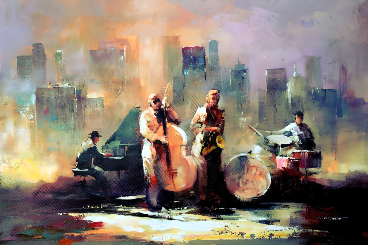 Jazz quartet in a golden city glow