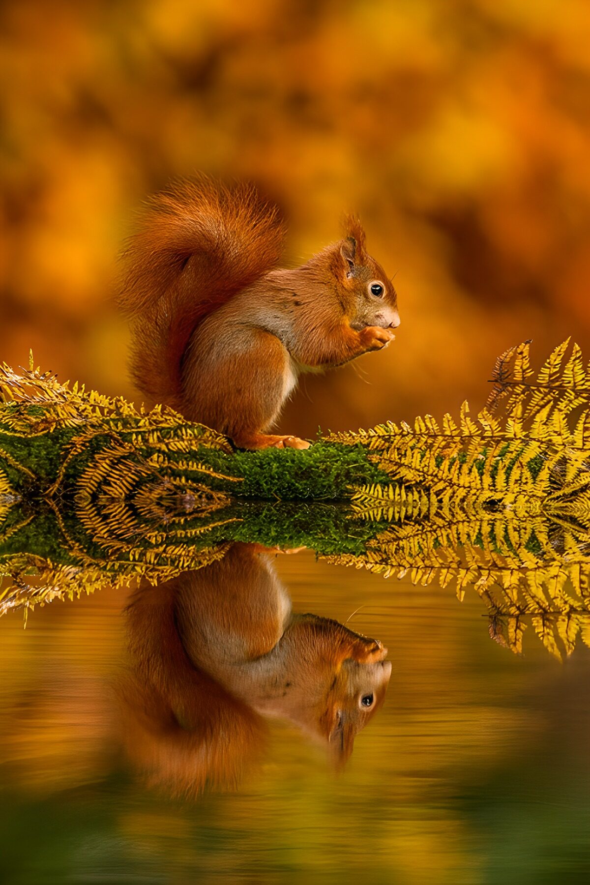 Red squirrel reflected in autumn water