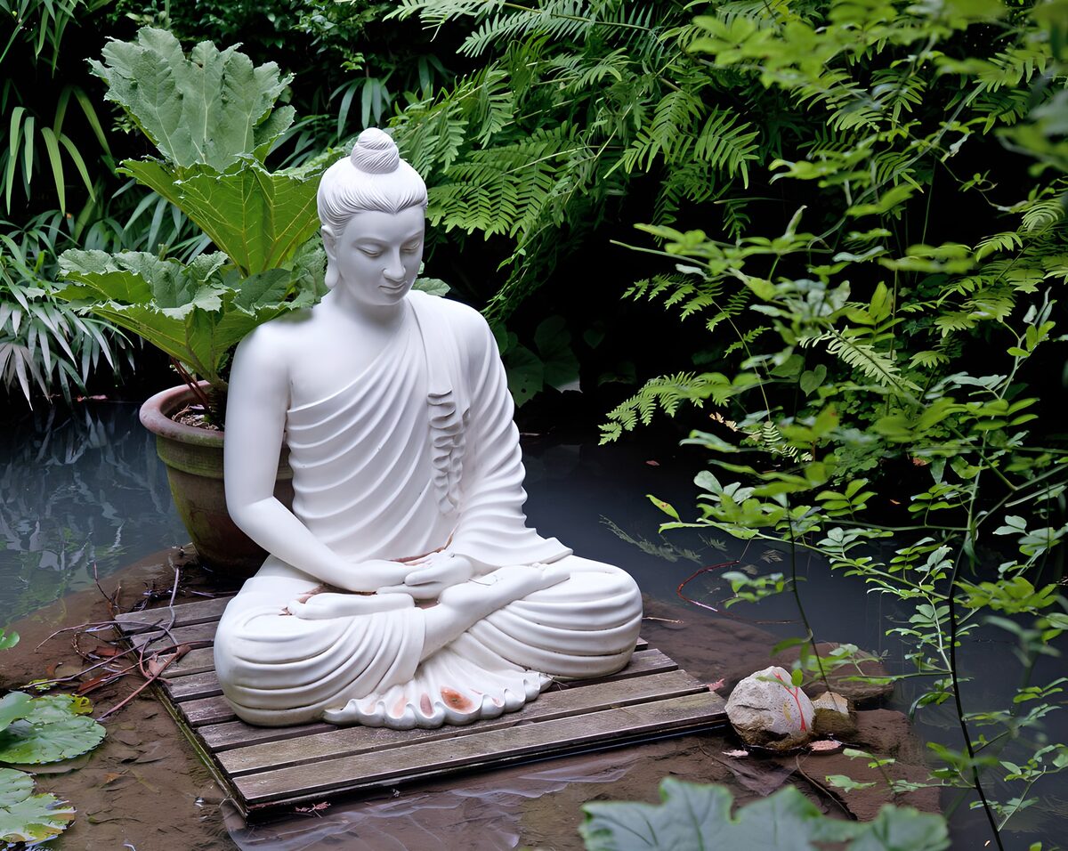 White Buddha beside a quiet pond