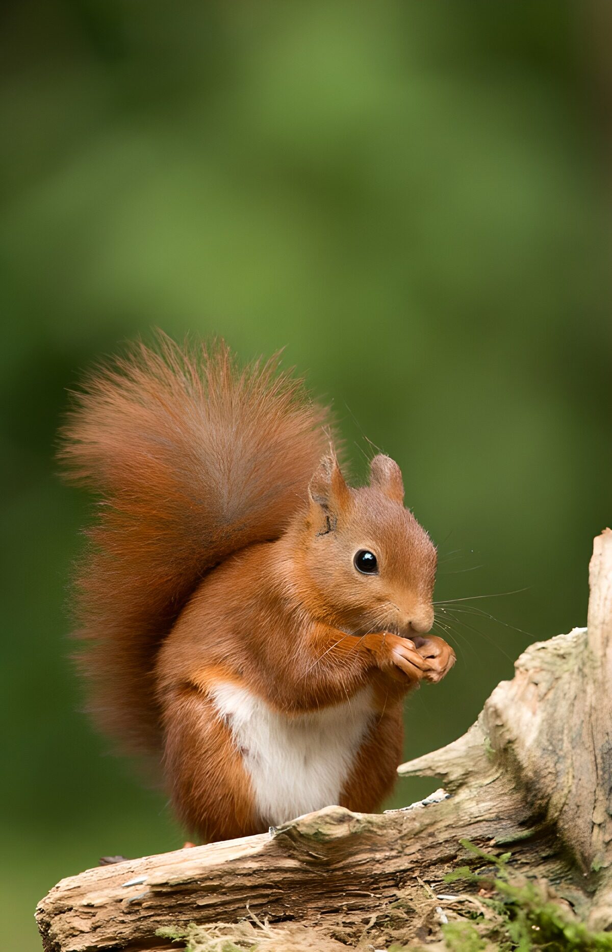 Red squirrel nibbling behind weathered wood