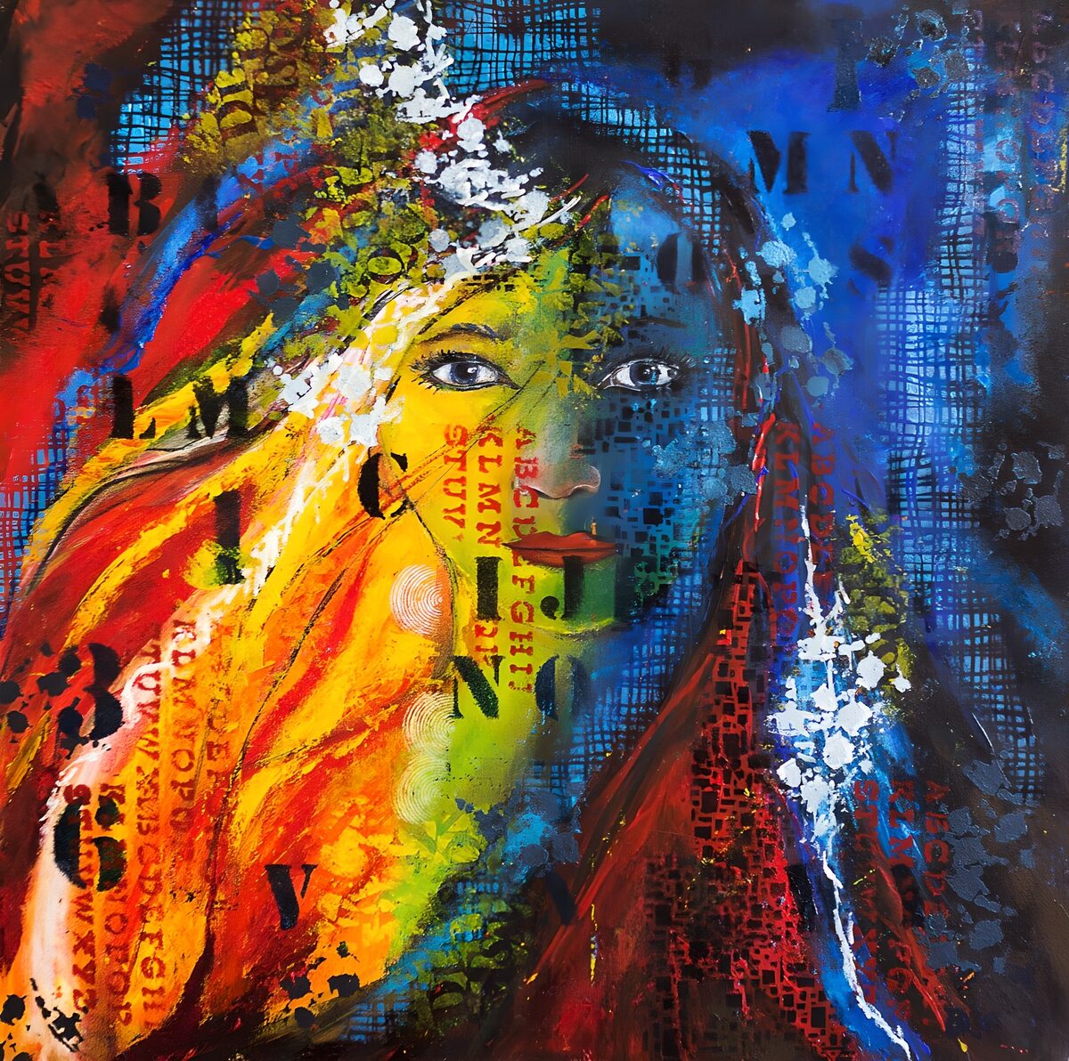 Woman's portrait in bold, layered colour