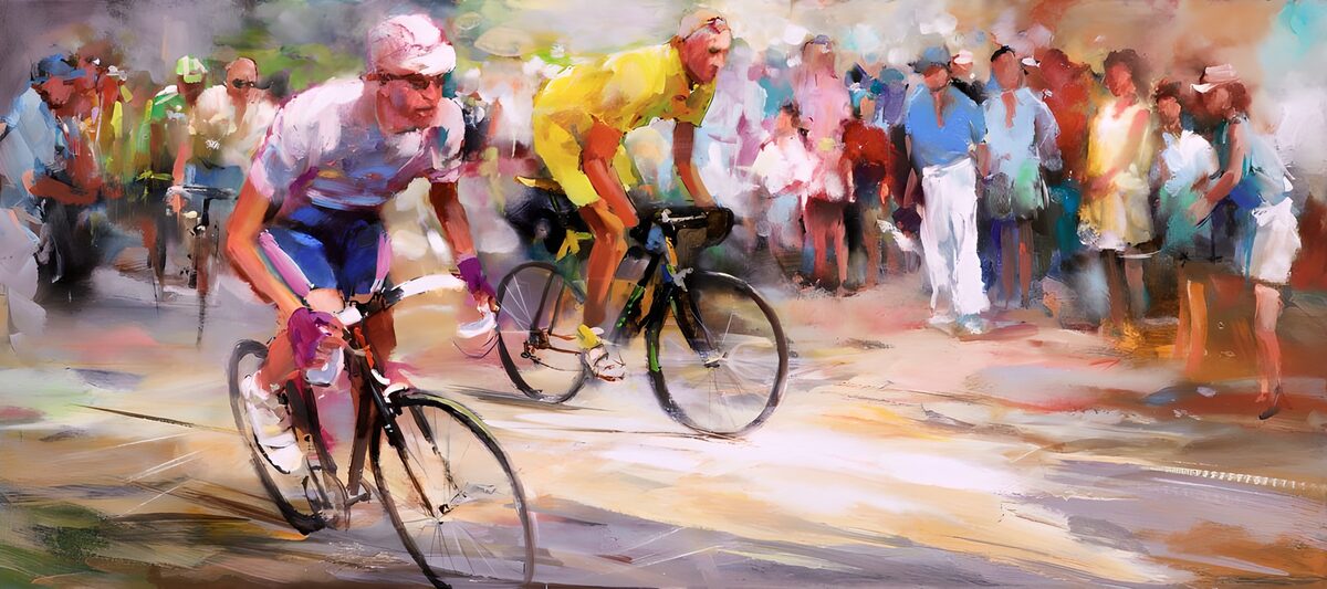 Cycle racers leaning into a sunlit bend