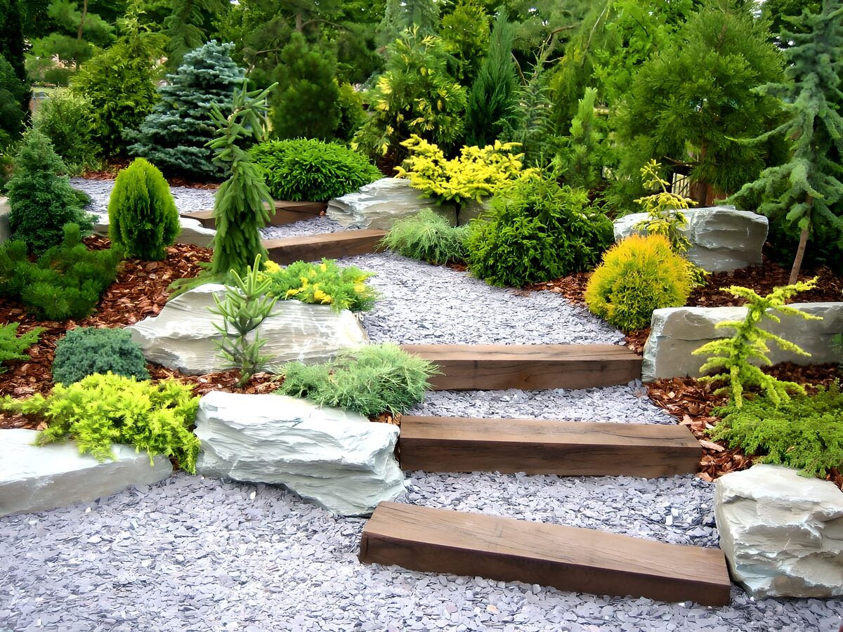 Gravel steps through a quiet conifer garden