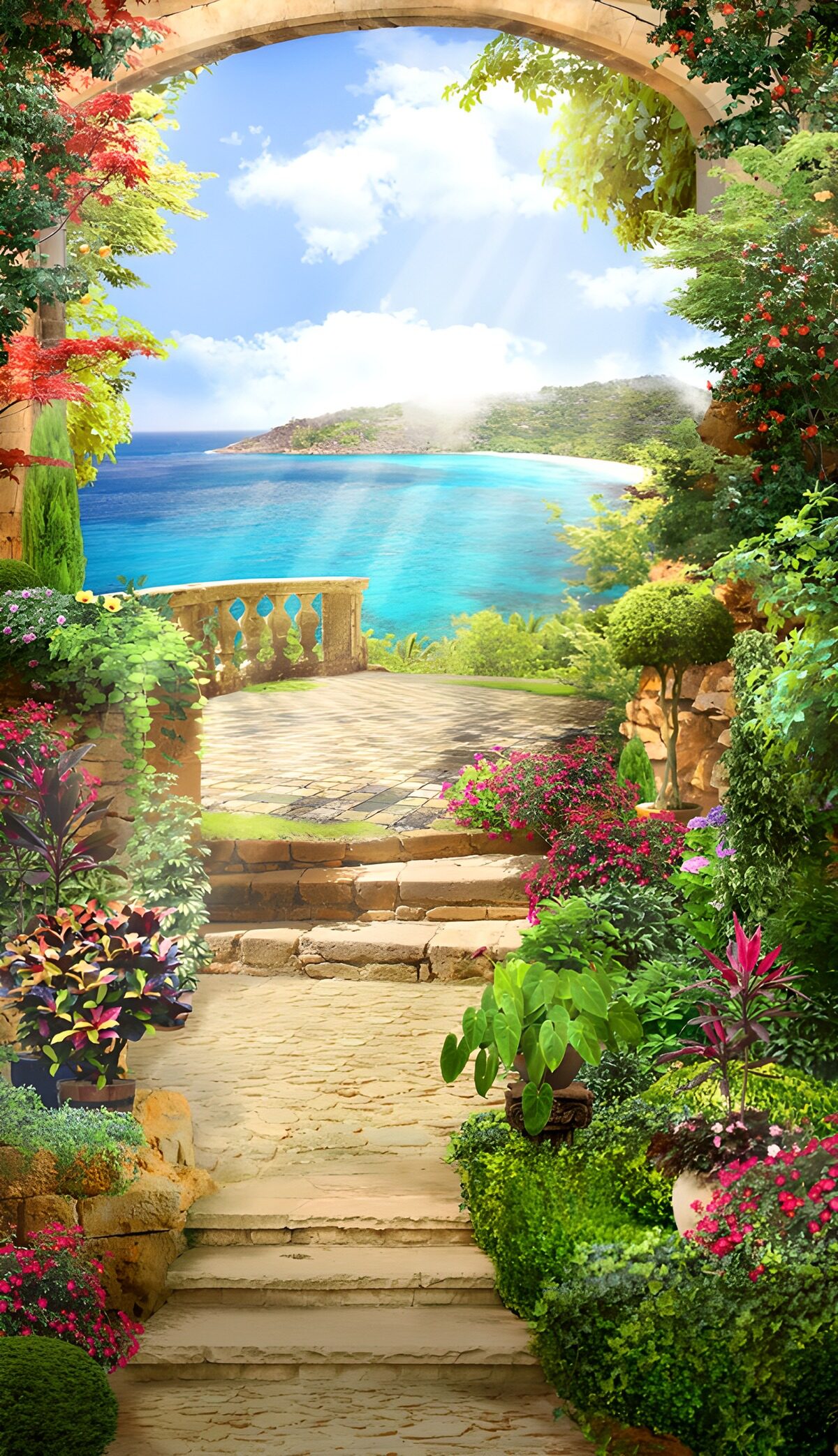 Sunlit garden above a turquoise bay