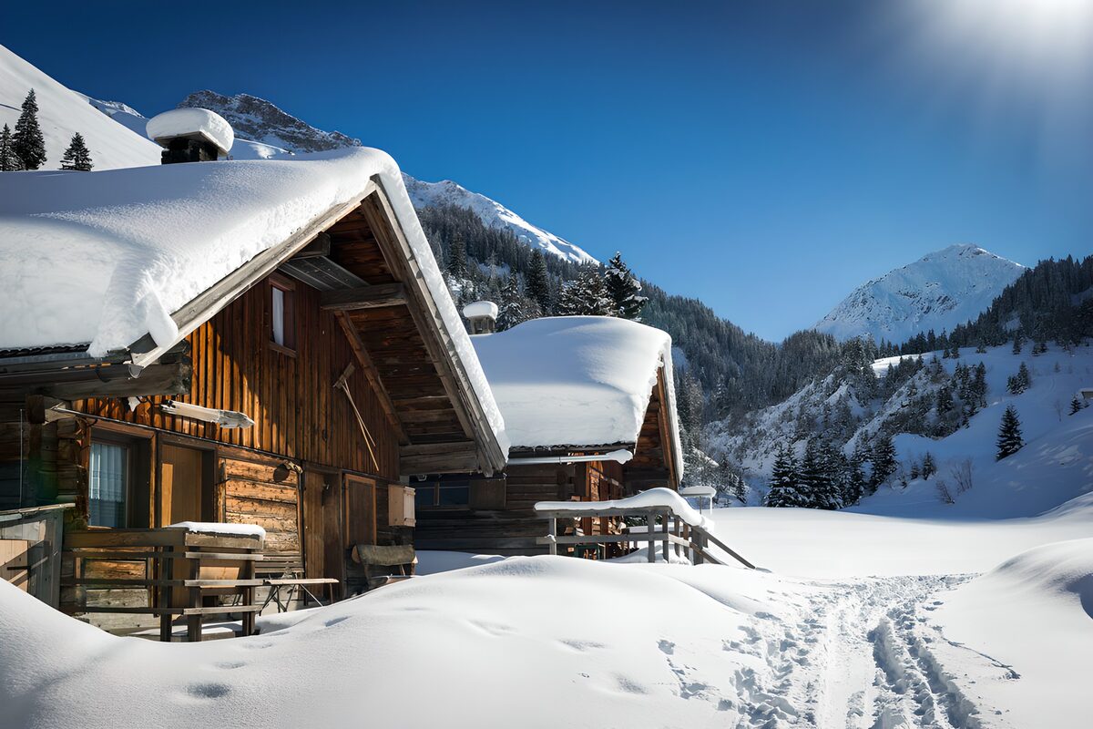 Mountain cabins in crisp winter light