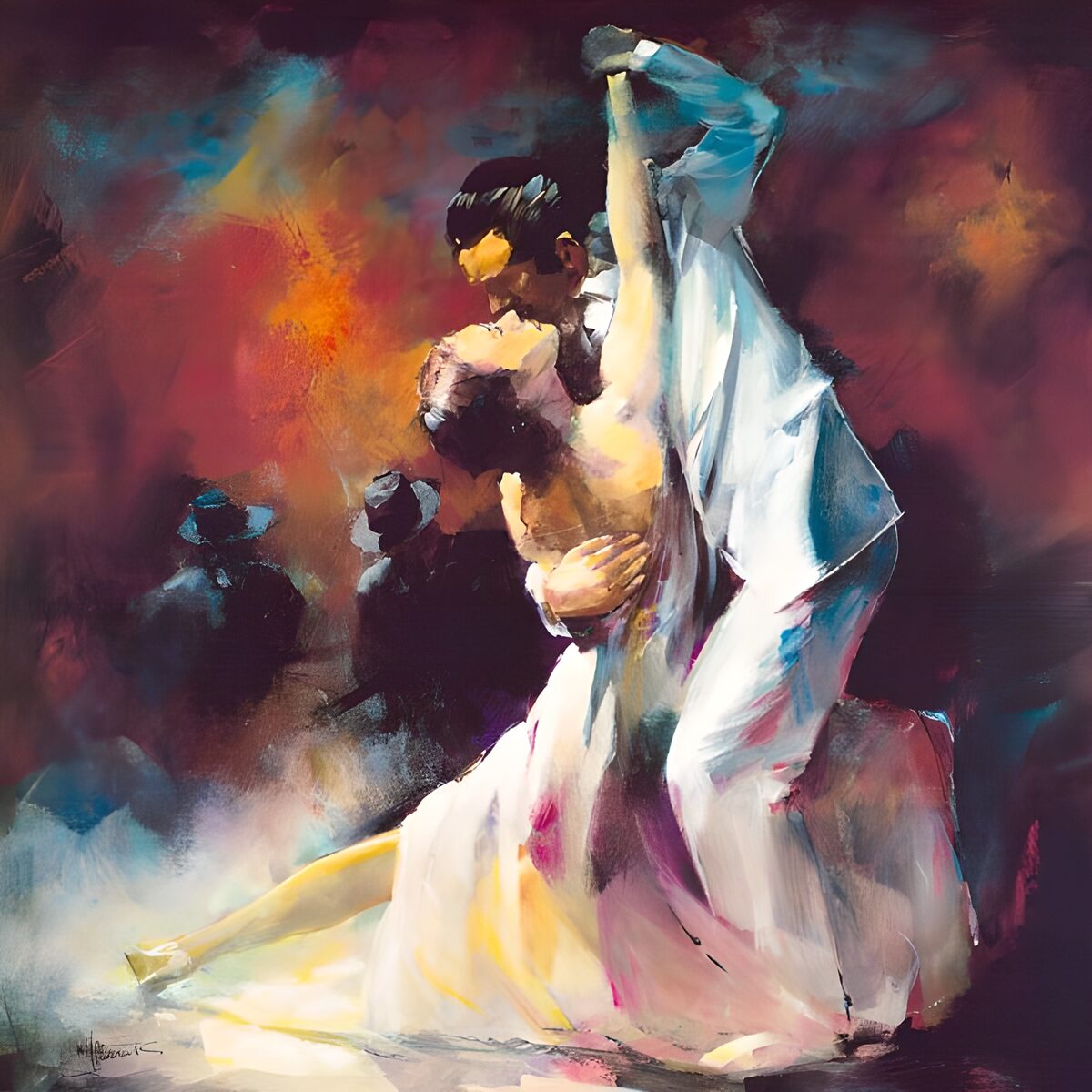 Dancing couple in white, held close