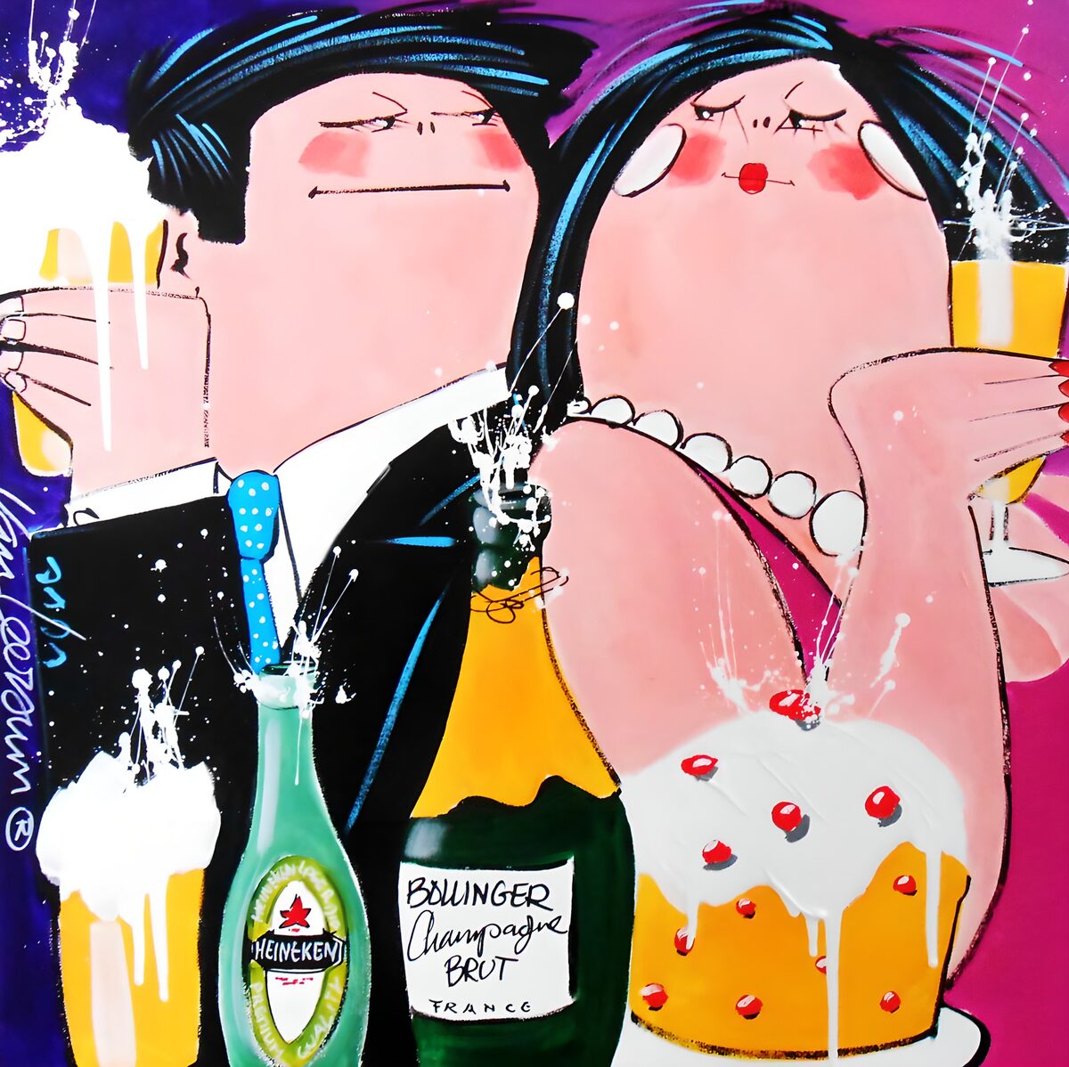 A colourful couple raising their glasses