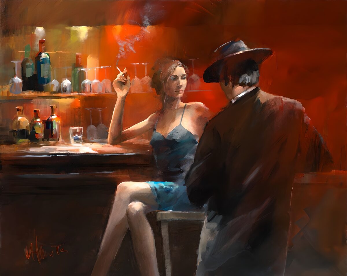 Woman and man at a warmly lit bar